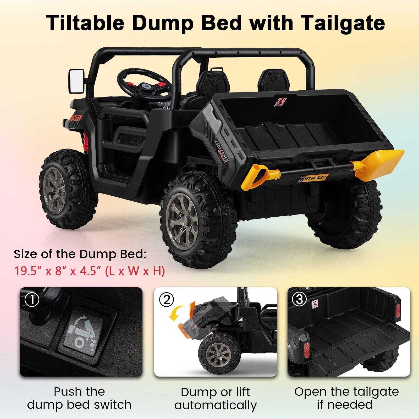 Electric 2 Seater UTV Dump Truck with Remote Control, Dump Bed, and Shovel - Black