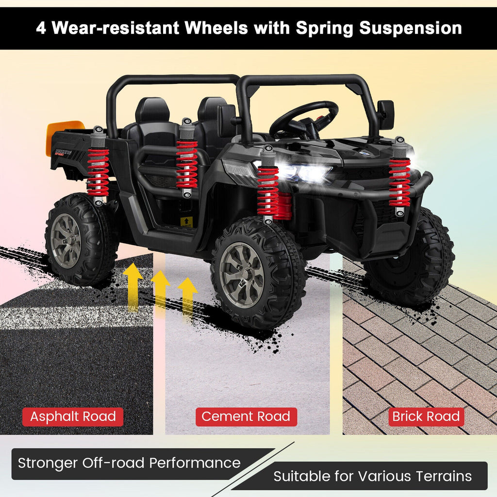 Electric 2 Seater UTV Dump Truck with Remote Control, Dump Bed, and Shovel - Black