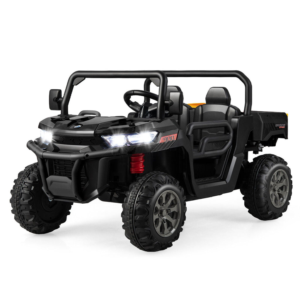 Electric 2 Seater UTV Dump Truck with Remote Control, Dump Bed, and Shovel - Black