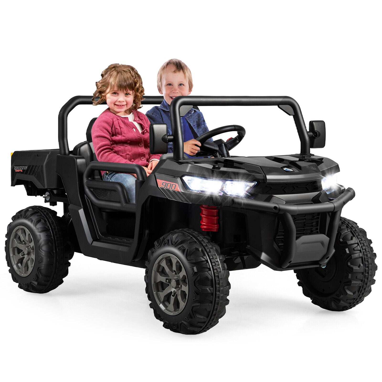 Electric 2 Seater UTV Dump Truck with Remote Control, Dump Bed, and Shovel - Black