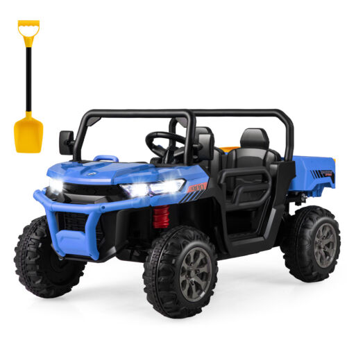 Electric 2 Seater UTV Dump Truck with Remote Control, Dump Bed, and Shovel - Blue
