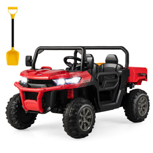 Electric 2 Seater UTV Dump Truck with Remote Control, Dump Bed, and Shovel - Red