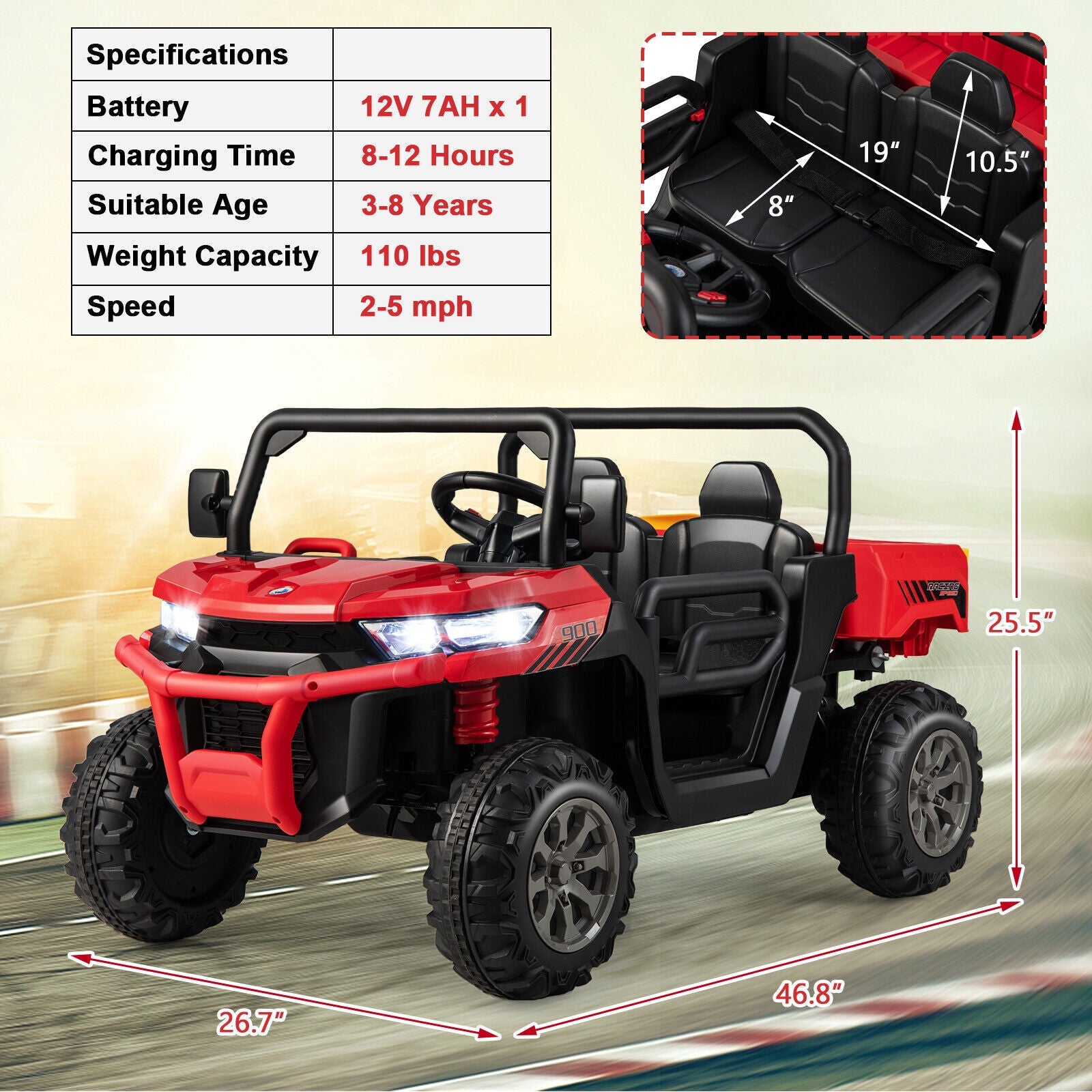 Electric 2 Seater UTV Dump Truck with Remote Control, Dump Bed, and Shovel - Red