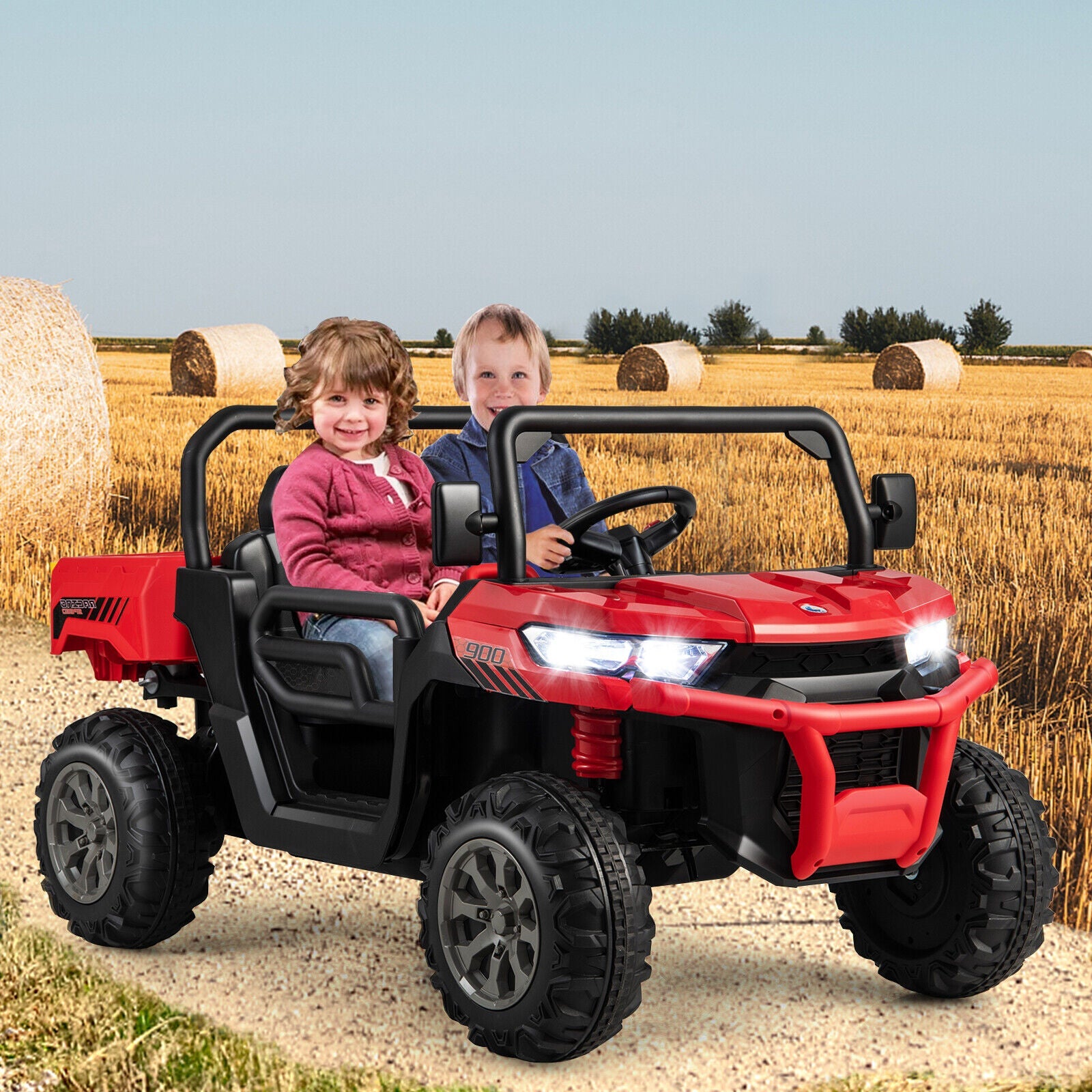 Electric 2 Seater UTV Dump Truck with Remote Control, Dump Bed, and Shovel - Red
