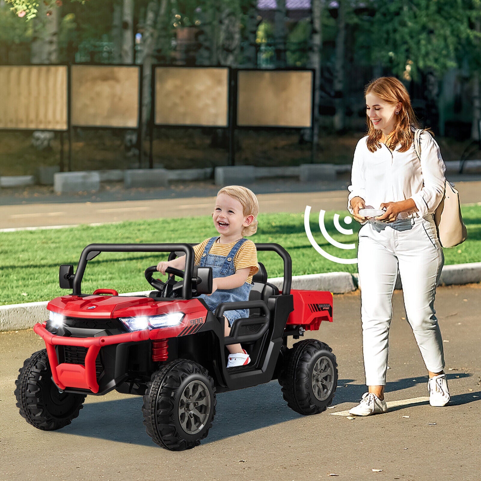 Electric 2 Seater UTV Dump Truck with Remote Control, Dump Bed, and Shovel - Red