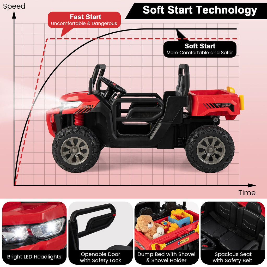Electric 2 Seater UTV Dump Truck with Remote Control, Dump Bed, and Shovel - Red