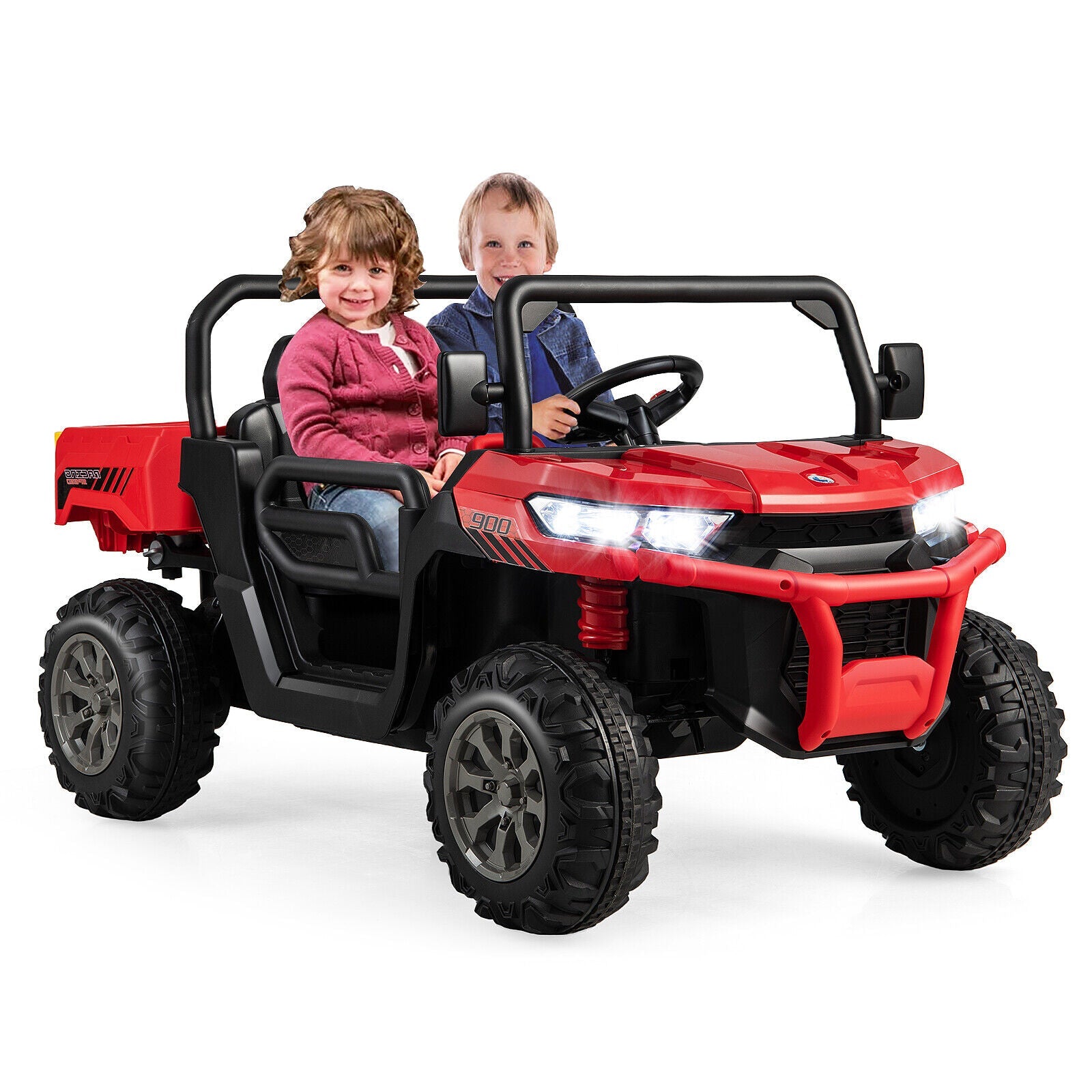 Electric 2 Seater UTV Dump Truck with Remote Control, Dump Bed, and Shovel - Red