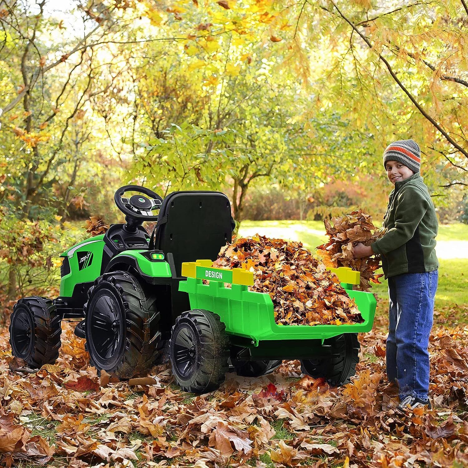 Electric 24V Tractor with Trailer and LED Music - 3-in-1 Kid Ride On Excavator Bulldozer
