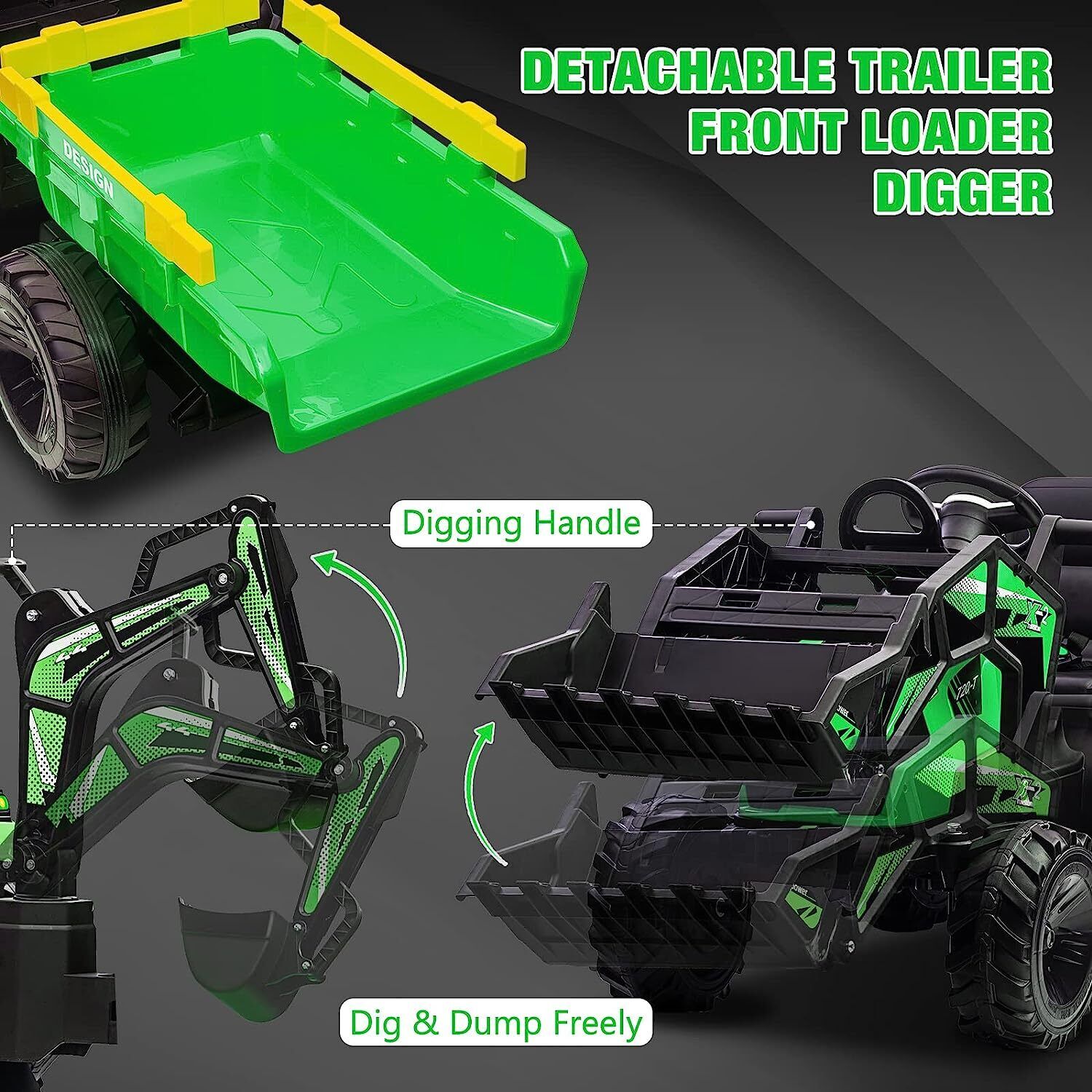 Electric 24V Tractor with Trailer and LED Music - 3-in-1 Kid Ride On Excavator Bulldozer