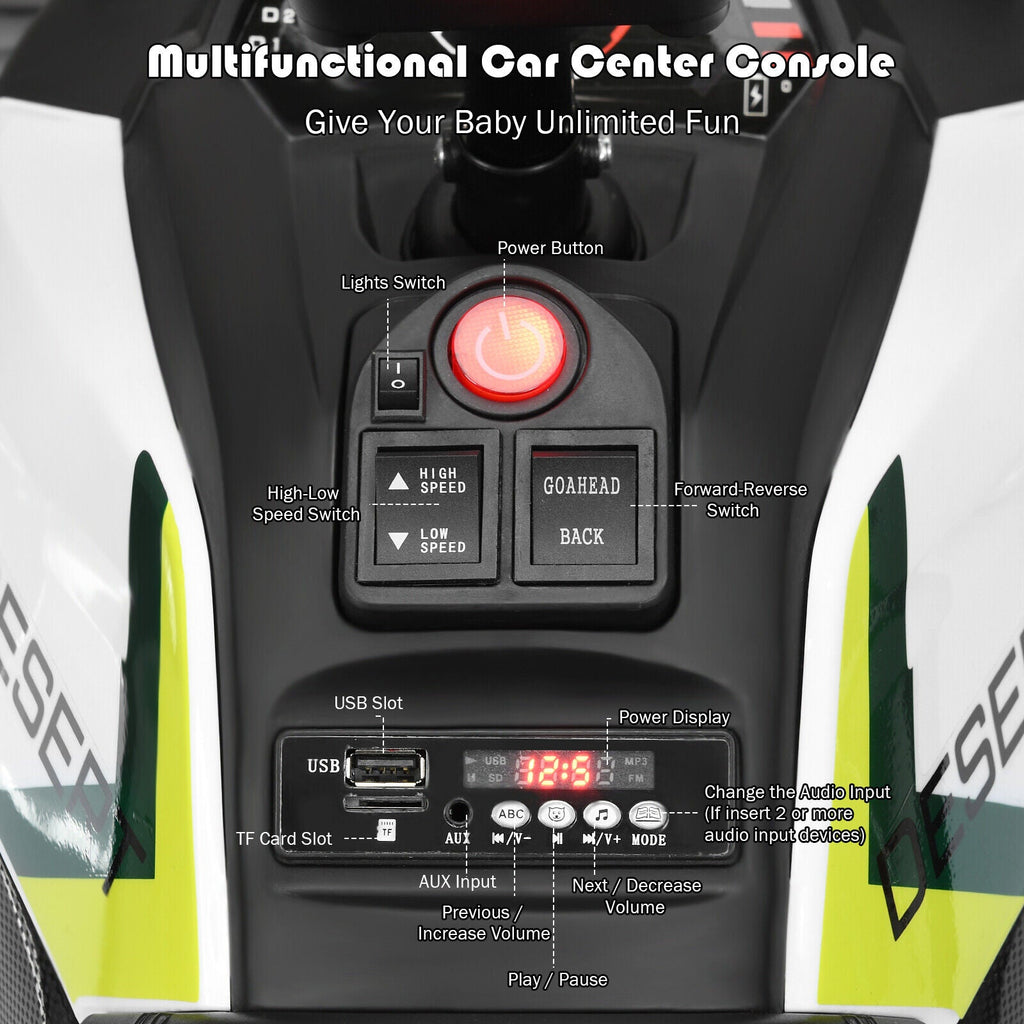 Electric 4-Wheeler ATV Quad for Kids with 2 Speeds, MP3 Player, and LED Lights - White