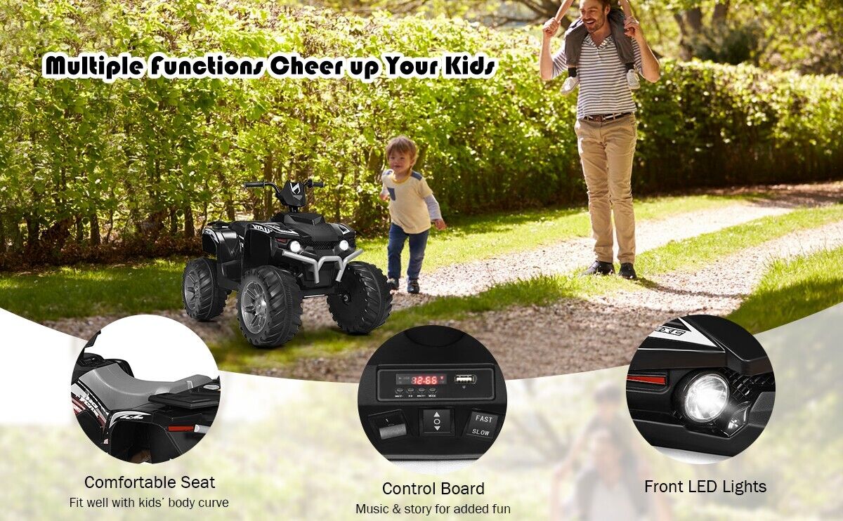 Electric 4-Wheeler ATV Quad Ride On Car for Kids with LED Lights and Music - White