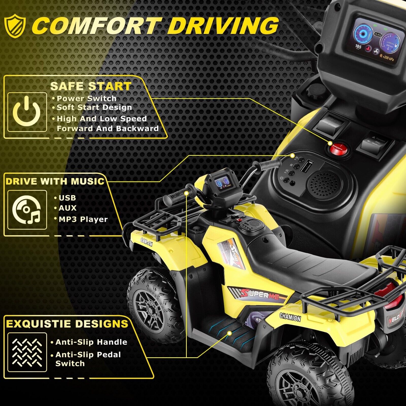 Electric 4-Wheeler ATV for Kids with AUX and USB Ports - 12V Ride-On Quad Car