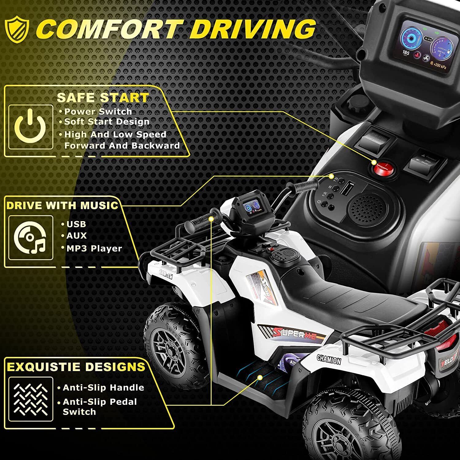 Electric 4-Wheeler Quad Car for Kids with MP3 & USB - 12V Battery Powered