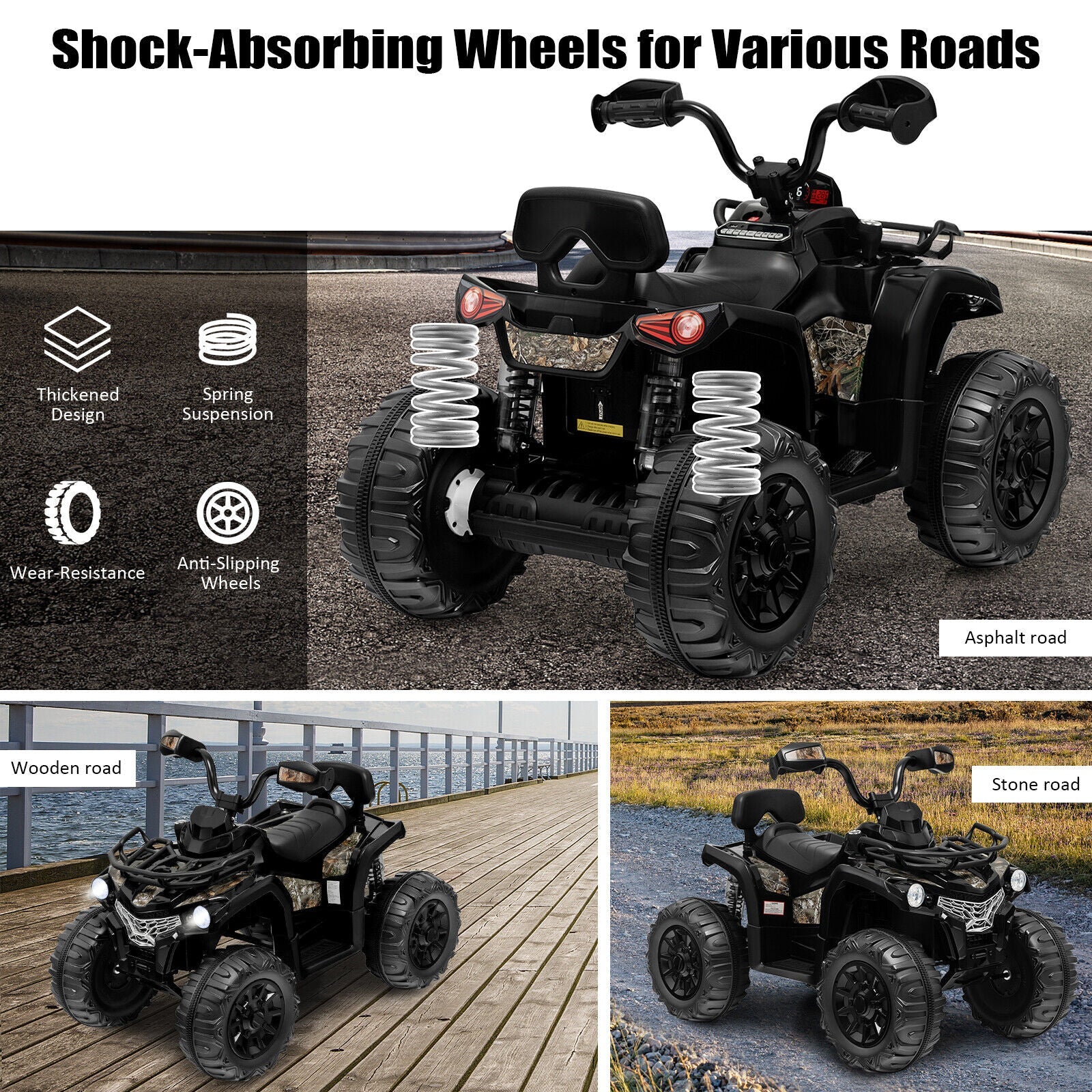 Electric 4-Wheeler Quad for Kids with 2 Speeds, Mp3 Player, and Headlights - Black