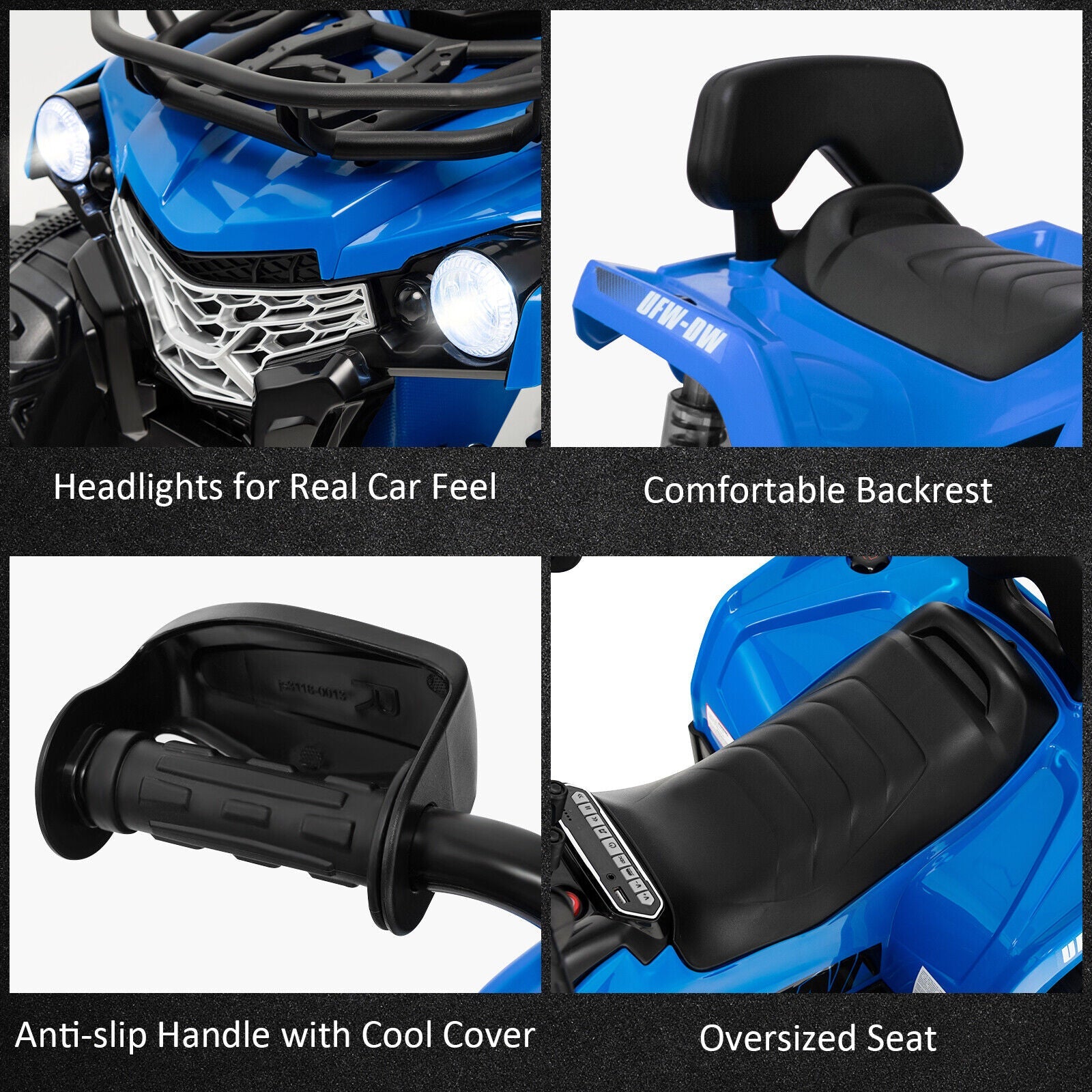 Electric 4-Wheeler Quad for Kids with 2 Speeds, Mp3 Player, and Headlights - Blue