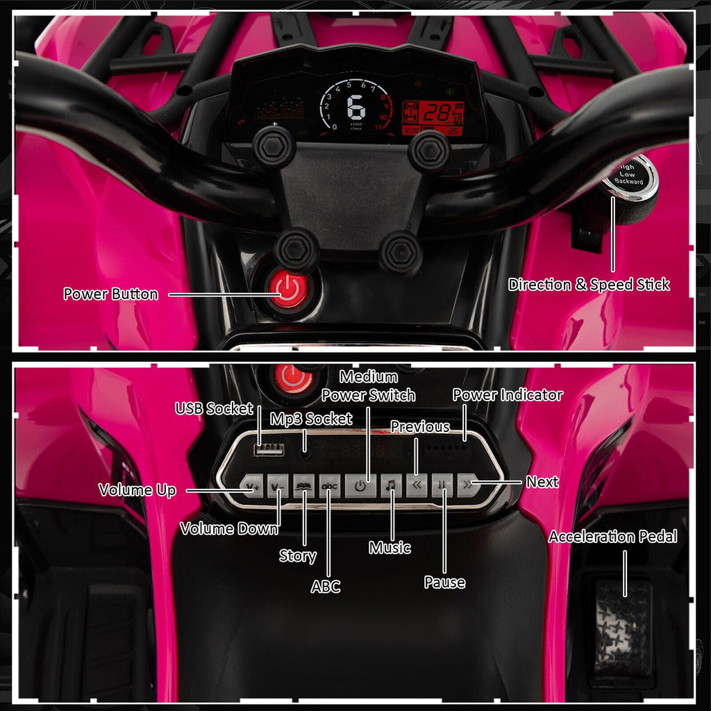 Electric 4-Wheeler Quad for Kids with 2 Speeds, Mp3 Player, and Headlights - Pink