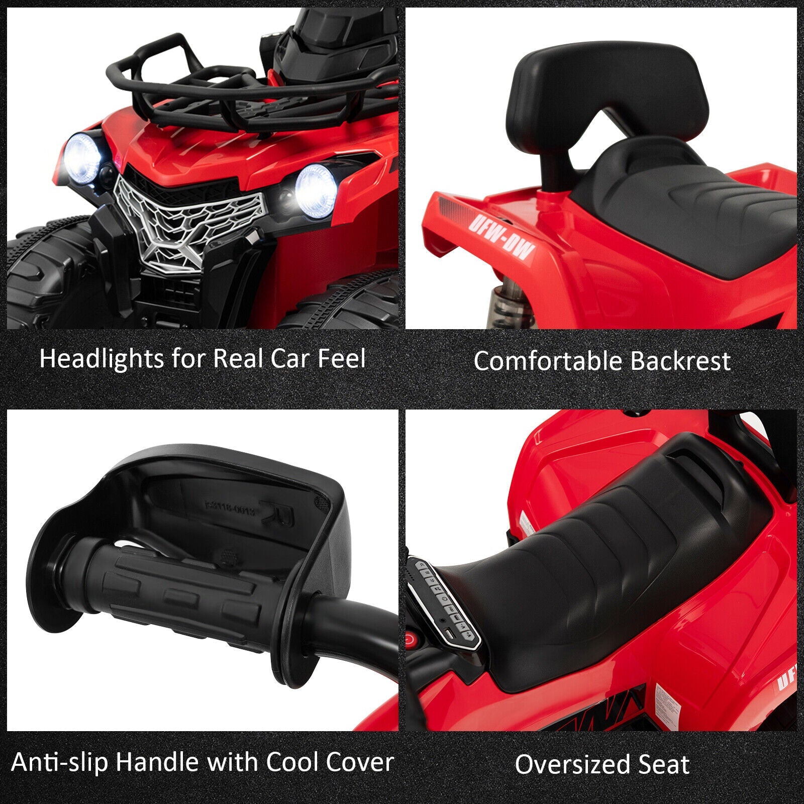 Electric 4-Wheeler Quad for Kids with 2 Speeds, MP3 Player, and Headlights - Red