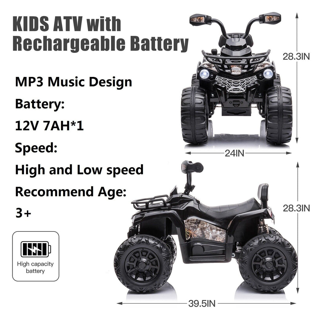 Electric 4-Wheeler Quad for Kids with MP3 and Headlights - 2 Speeds, 12V, Black