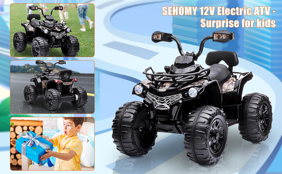 Electric Kids Ride On ATV 4-Wheeler Quad with Music and LED Lights - 12V, Black