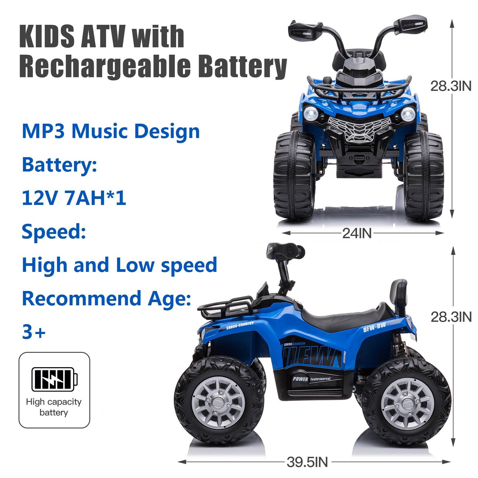 Electric 4-Wheeler Quad for Kids with Music and LED Lights - 12V Blue ATV Ride On