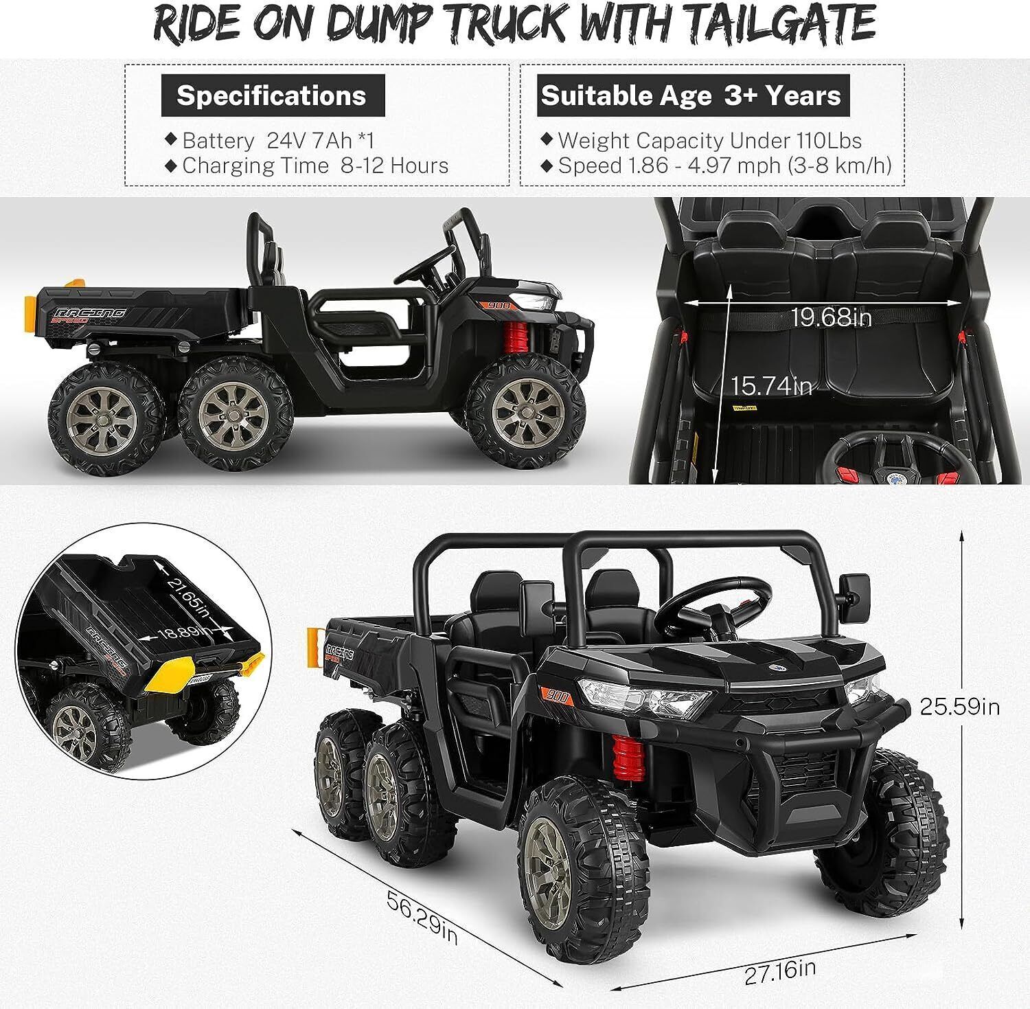 Electric 4WD Toy Tractor with Dump Trailer for 2 Kids - 24V Battery Powered Ride-On Car