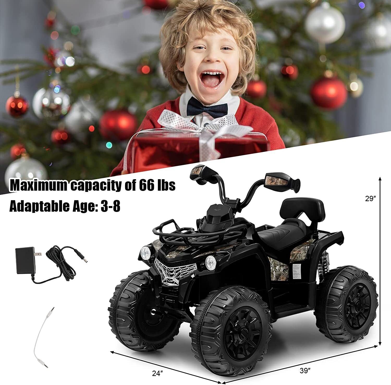 Electric Ride On ATV 4-Wheeler Quad Car Toy for Kids 3-8 Years Old with MP3 and 2-Speed Options