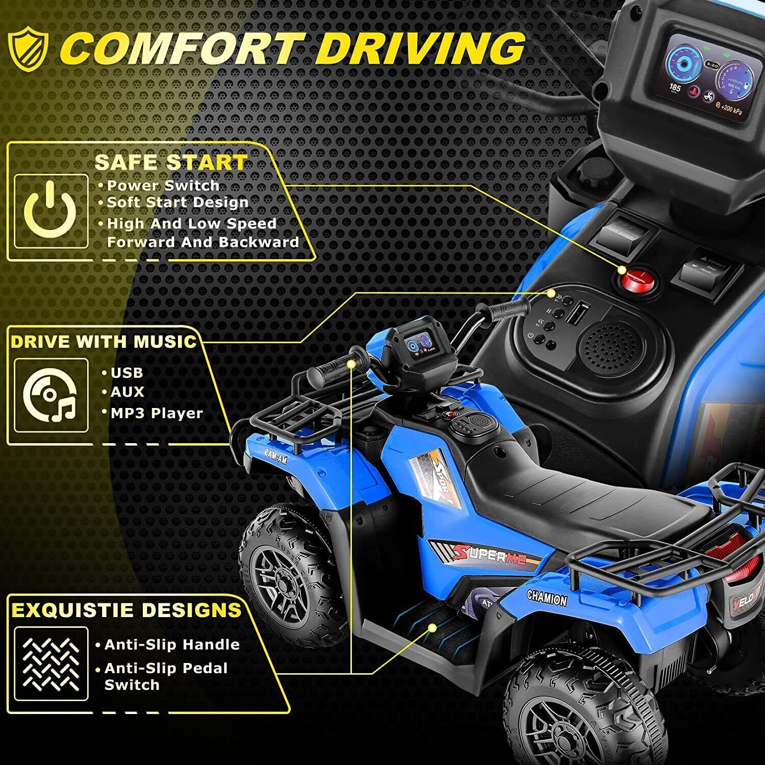 Electric ATV Quad Car Toy for Kids with LED Lights, USB and MP3 Player - Suitable for Girls and Boys Aged 3-8 Years