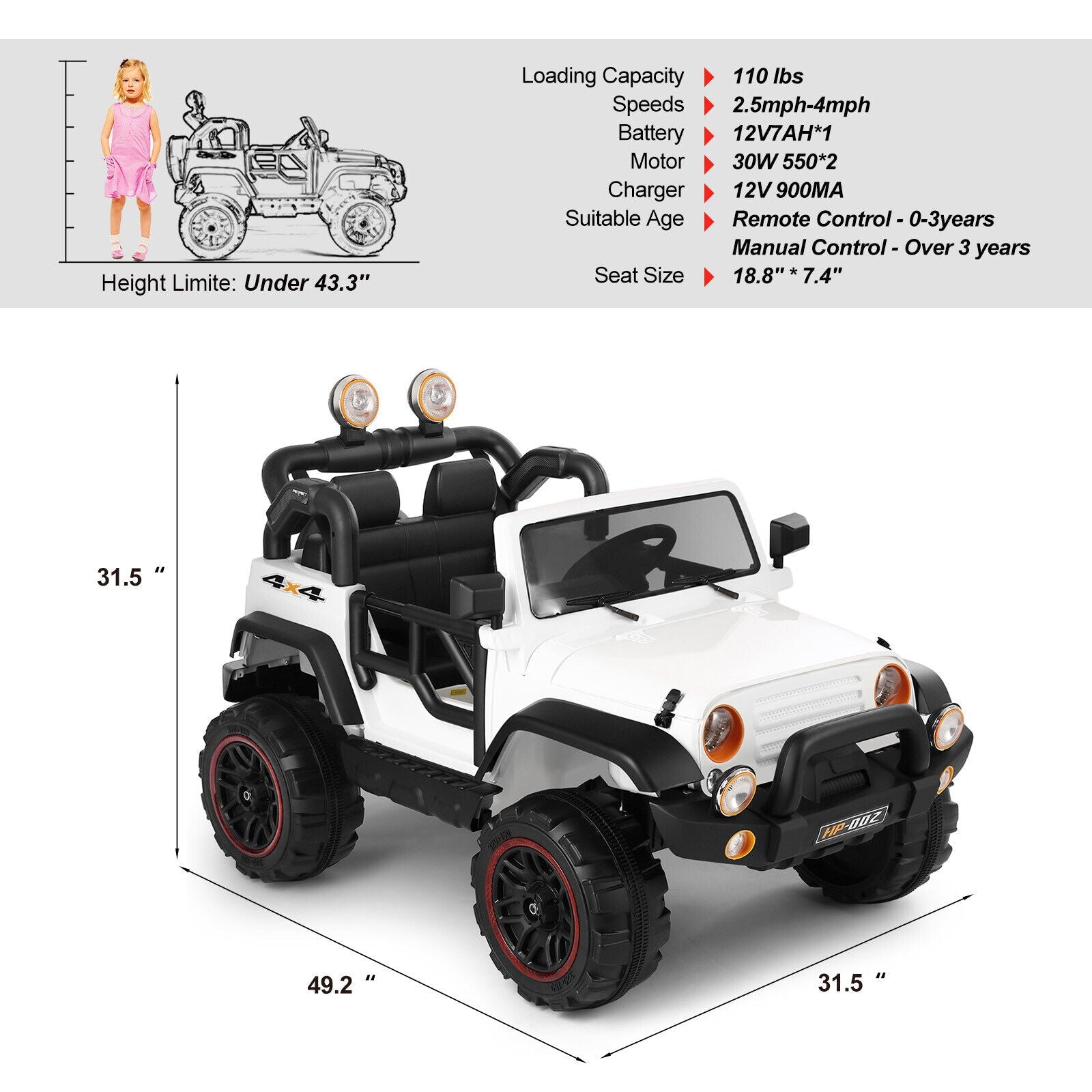 Electric Battery Kids Ride-On Car Truck with LED Lights, MP3 Player, and Remote Control - White
