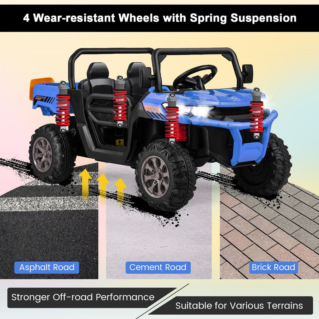 Electric Blue 2 Seater UTV Dump Truck with Remote Control, Dump Bed, and Shovel