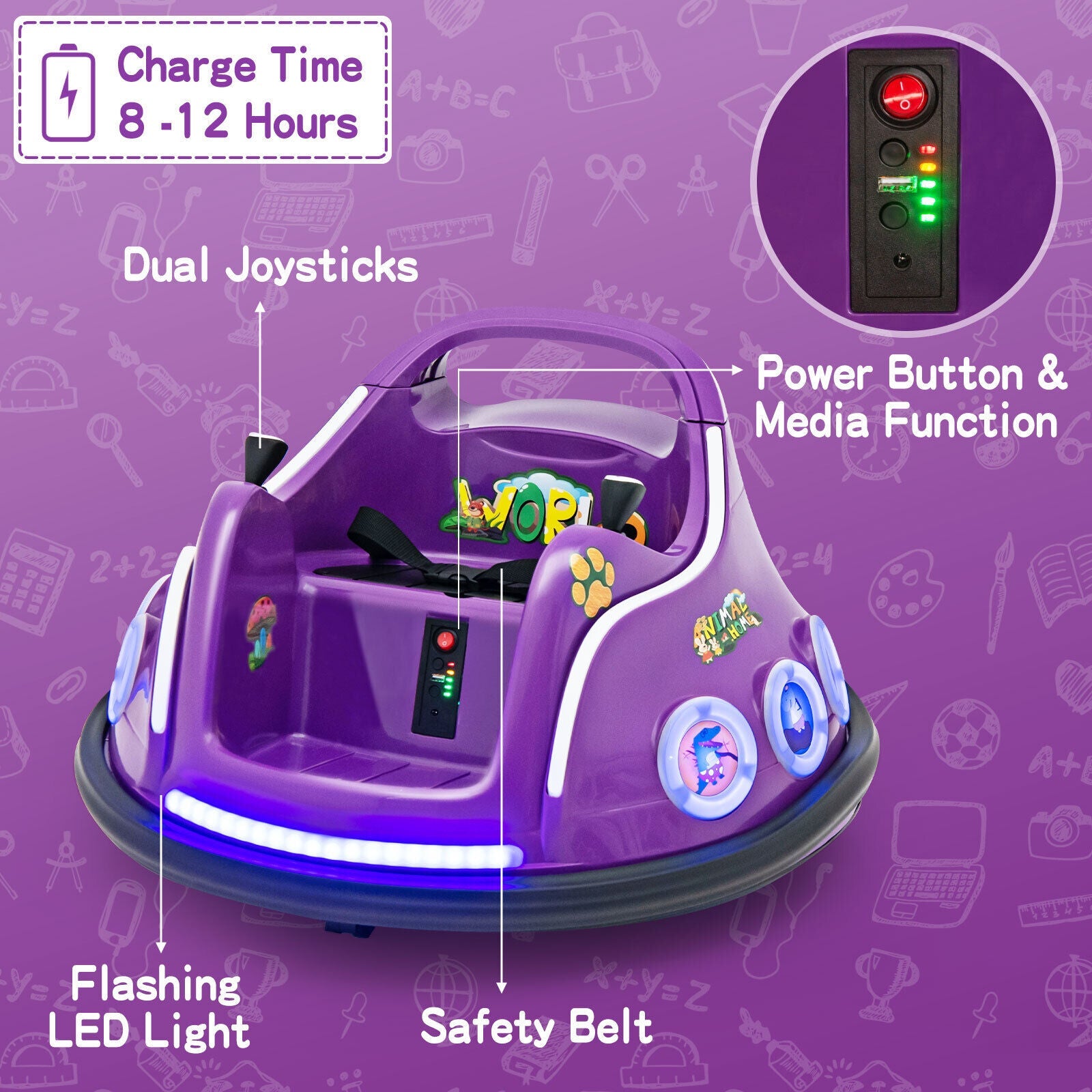 Electric Bumper Car for Kids with Remote Control, LED Lights, and Music - Purple