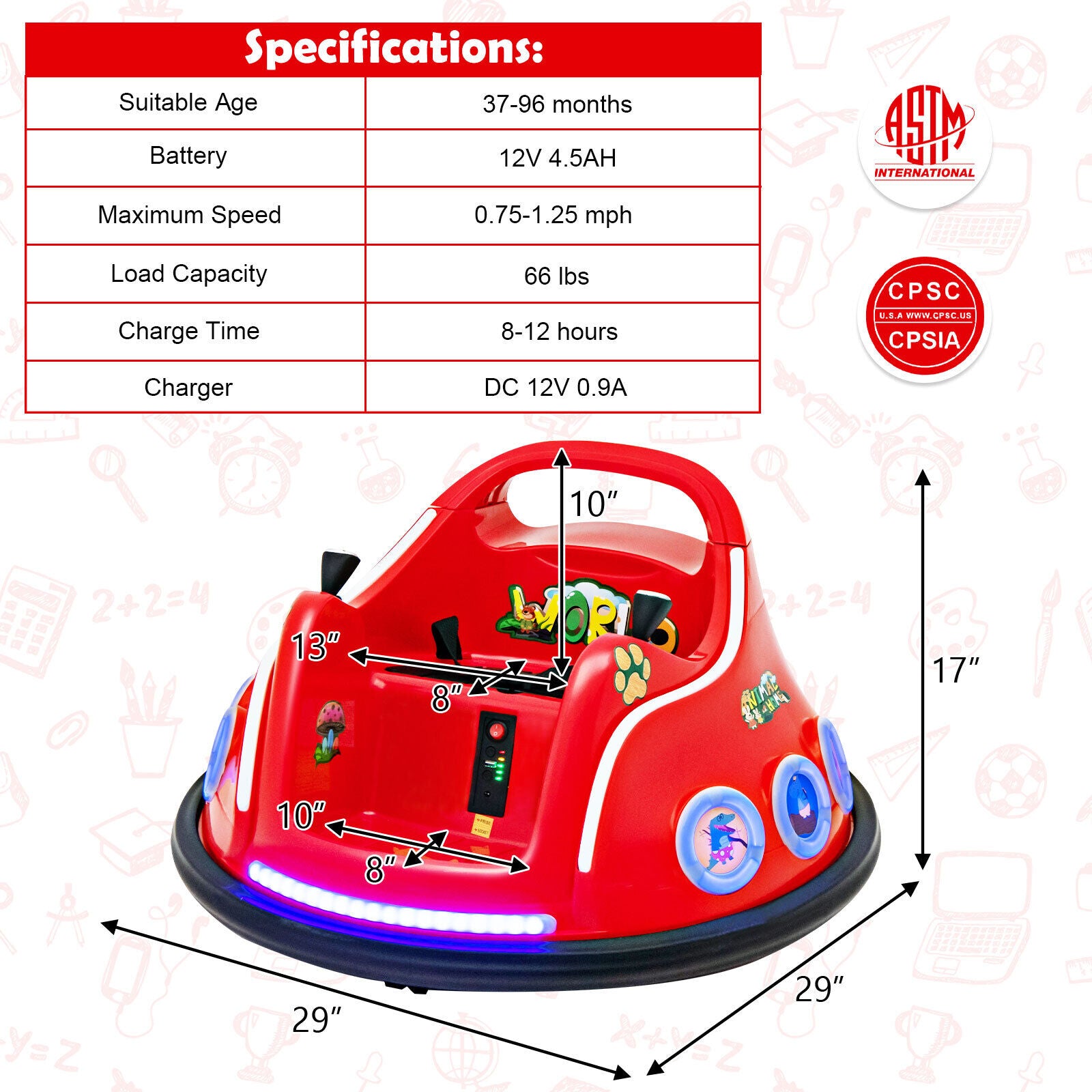 Electric Bumper Car for Kids with Remote Control, LED Lights, and Music - Red