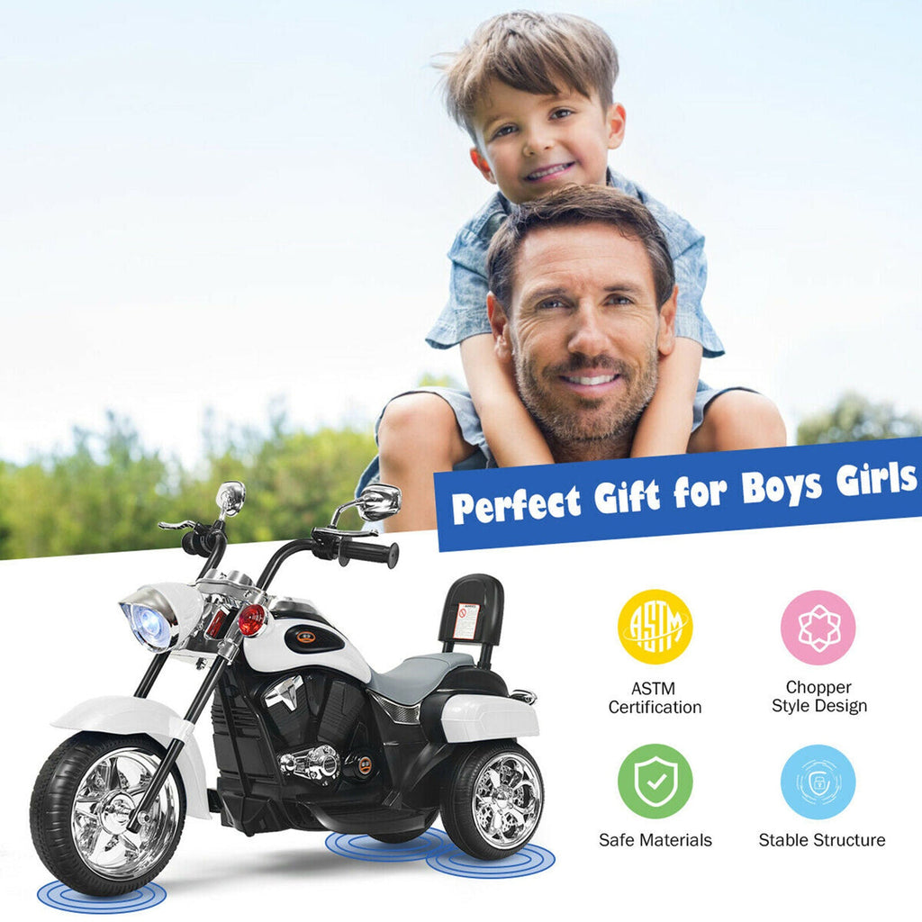 Electric Chopper Motorcycle for Kids with Headlight and 3 Wheels - White