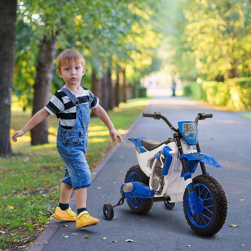 Electric Dirt Bike for Kids with Training Wheels and Rechargeable Battery - Blue