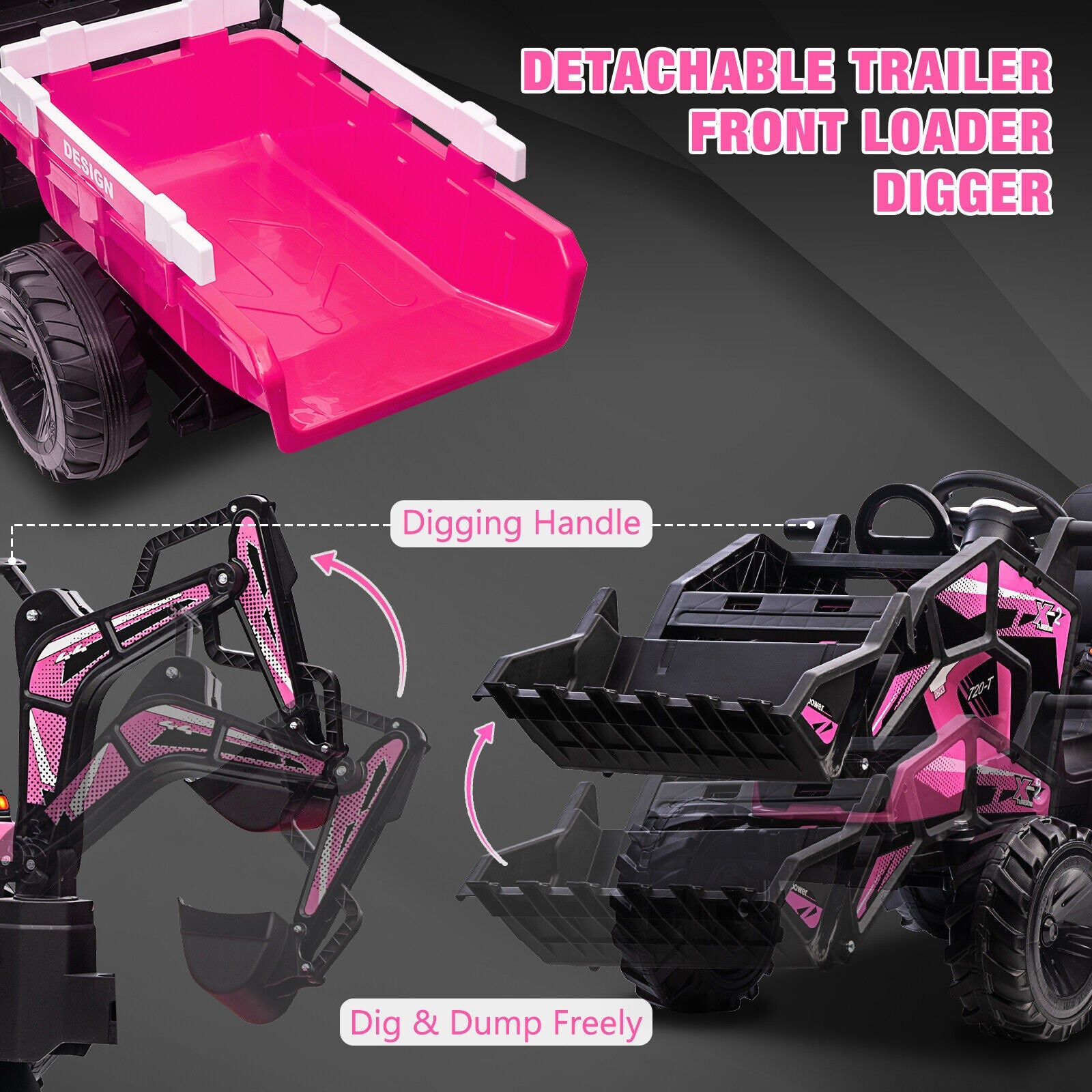 Electric Excavator & Bulldozer Toy Car with Trailer and Music for Kids (24V)