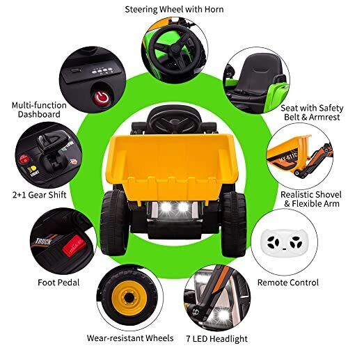 Electric Ride-On Excavator Tractor for Kids with Battery-Powered Digger and LED Lights