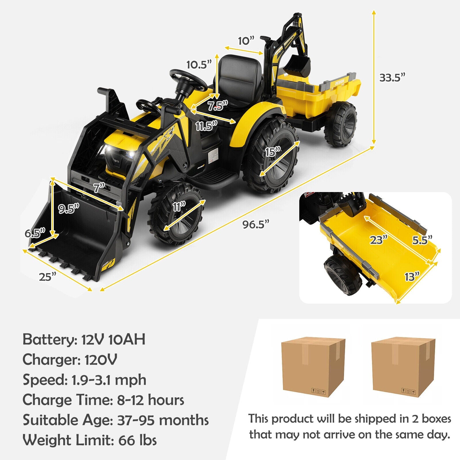 Electric Excavator Ride-On Toy for Kids with 12V Battery and 2 Modes