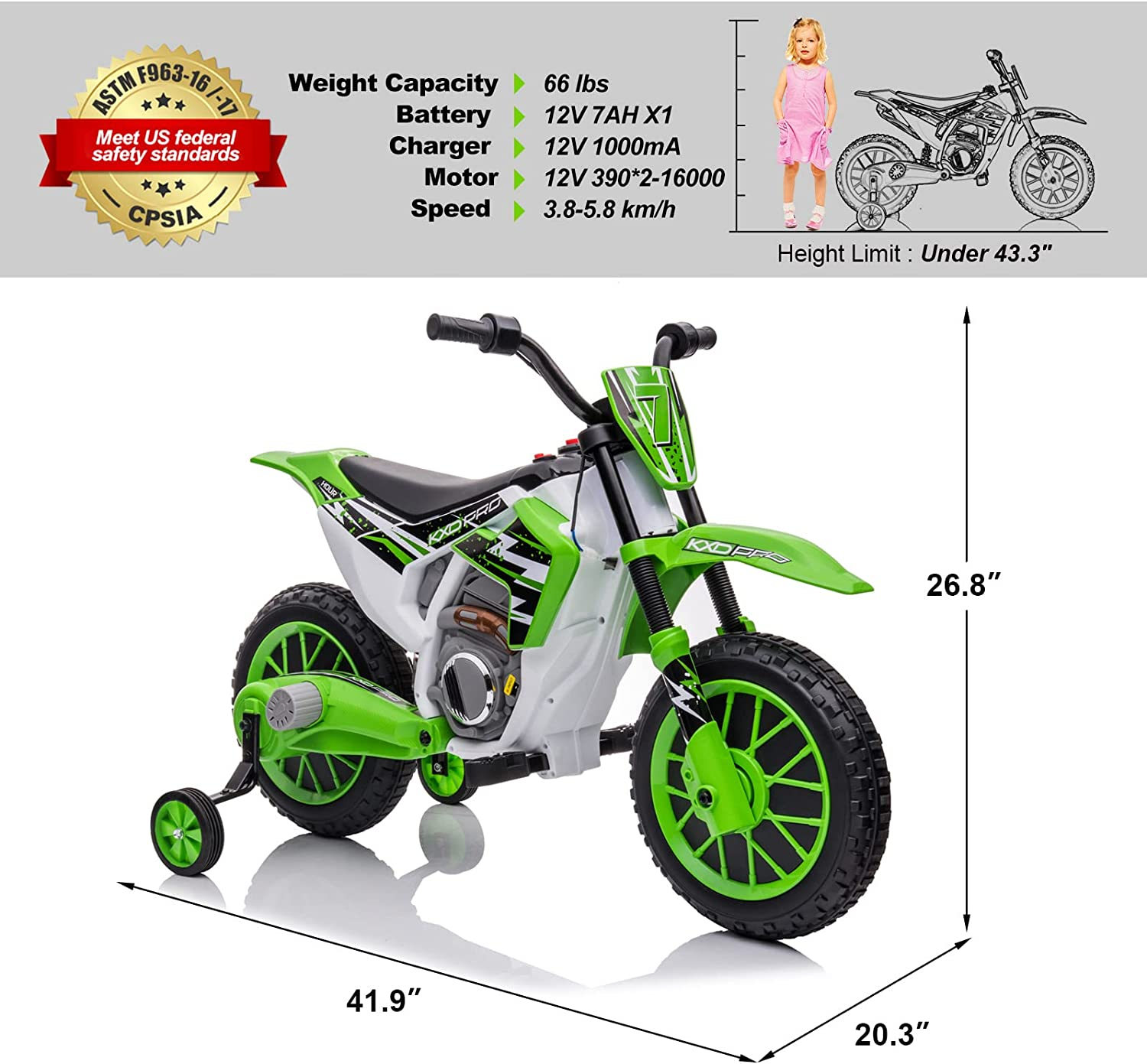 Electric Kids Dirt Bike with Training Wheels - 12V7AH Battery Powered, 2 Speeds