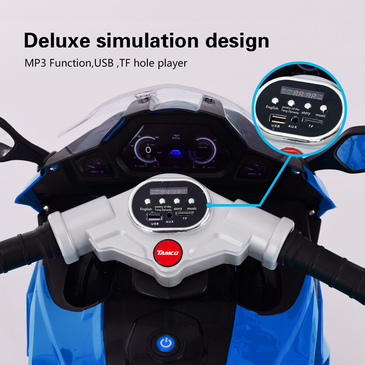Electric Kids Motorcycle with LED Lights, Music, and Screen - Blue