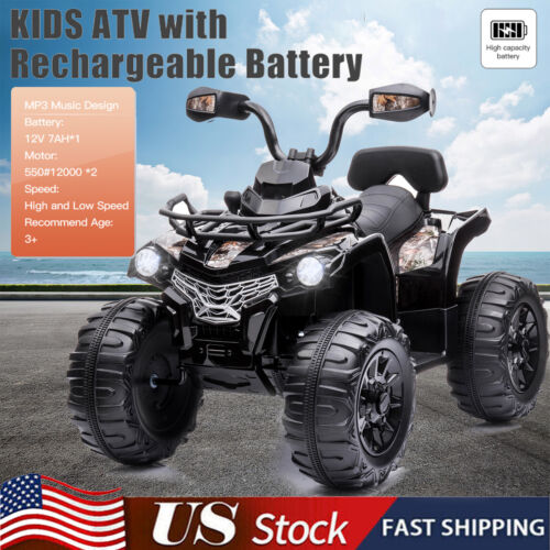 Electric Kids Ride On ATV 4-Wheeler Quad with Music and LED Lights - 12V, Black