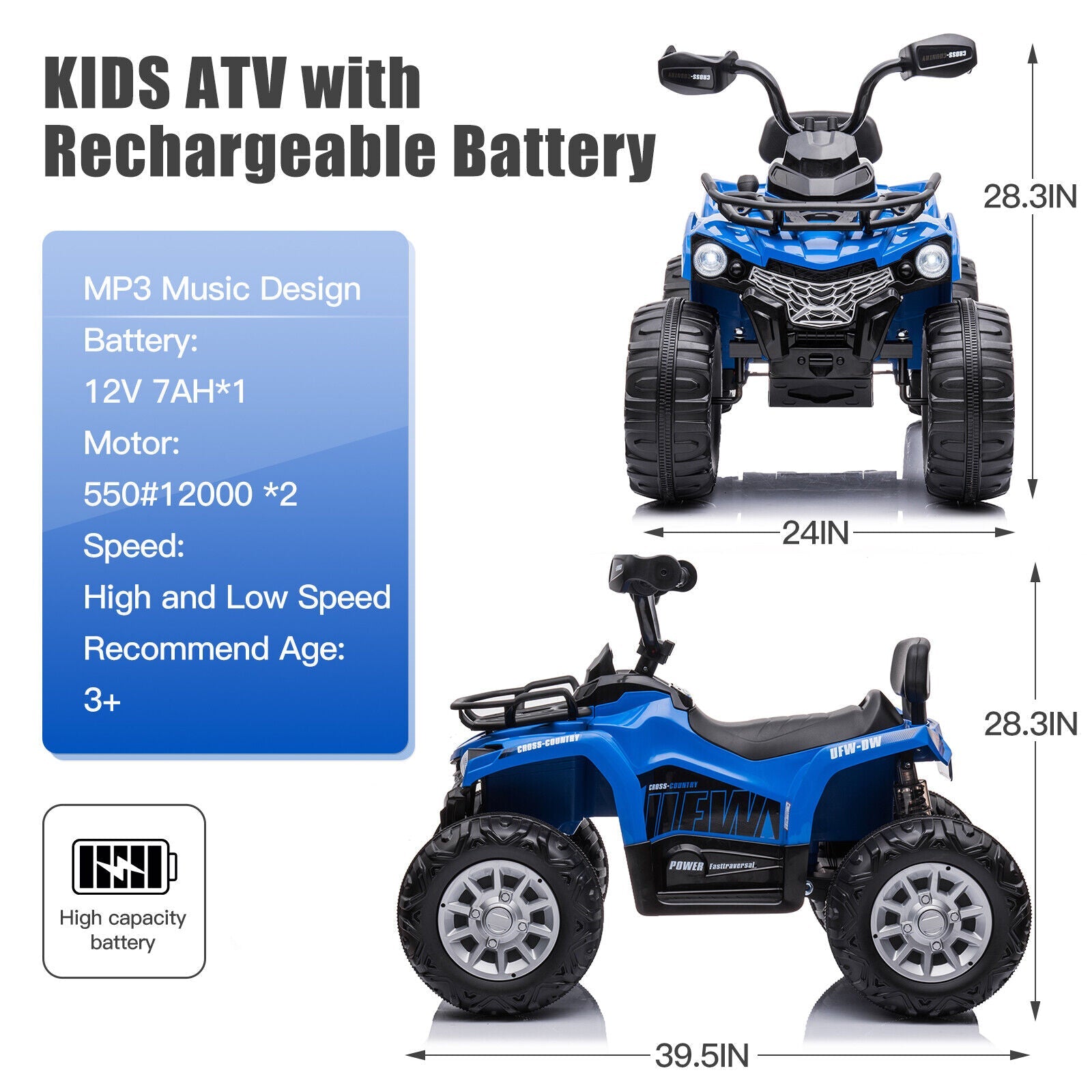 Electric ATV 4-Wheeler Quad Car Toy for Kids - 12V, 2 Speeds, Headlights, MP3 Compatible