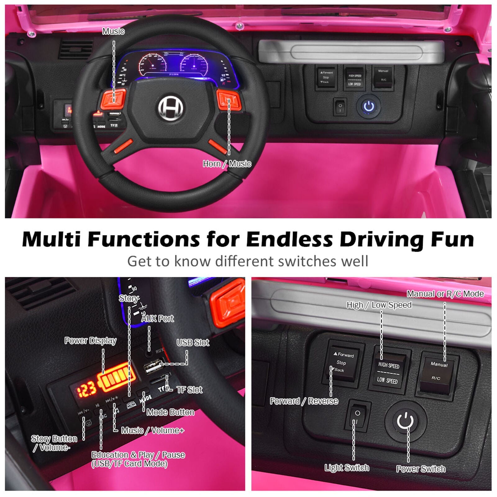 Electric Kids Ride On Car with Remote Control and Music - Pink with Storage Box