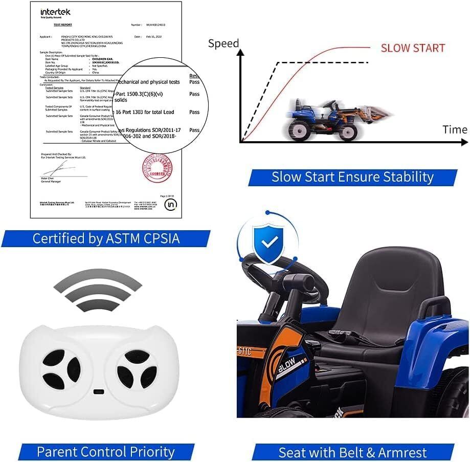 Electric Kids Ride-On Excavator Toy with Remote Control and Lights - Blue