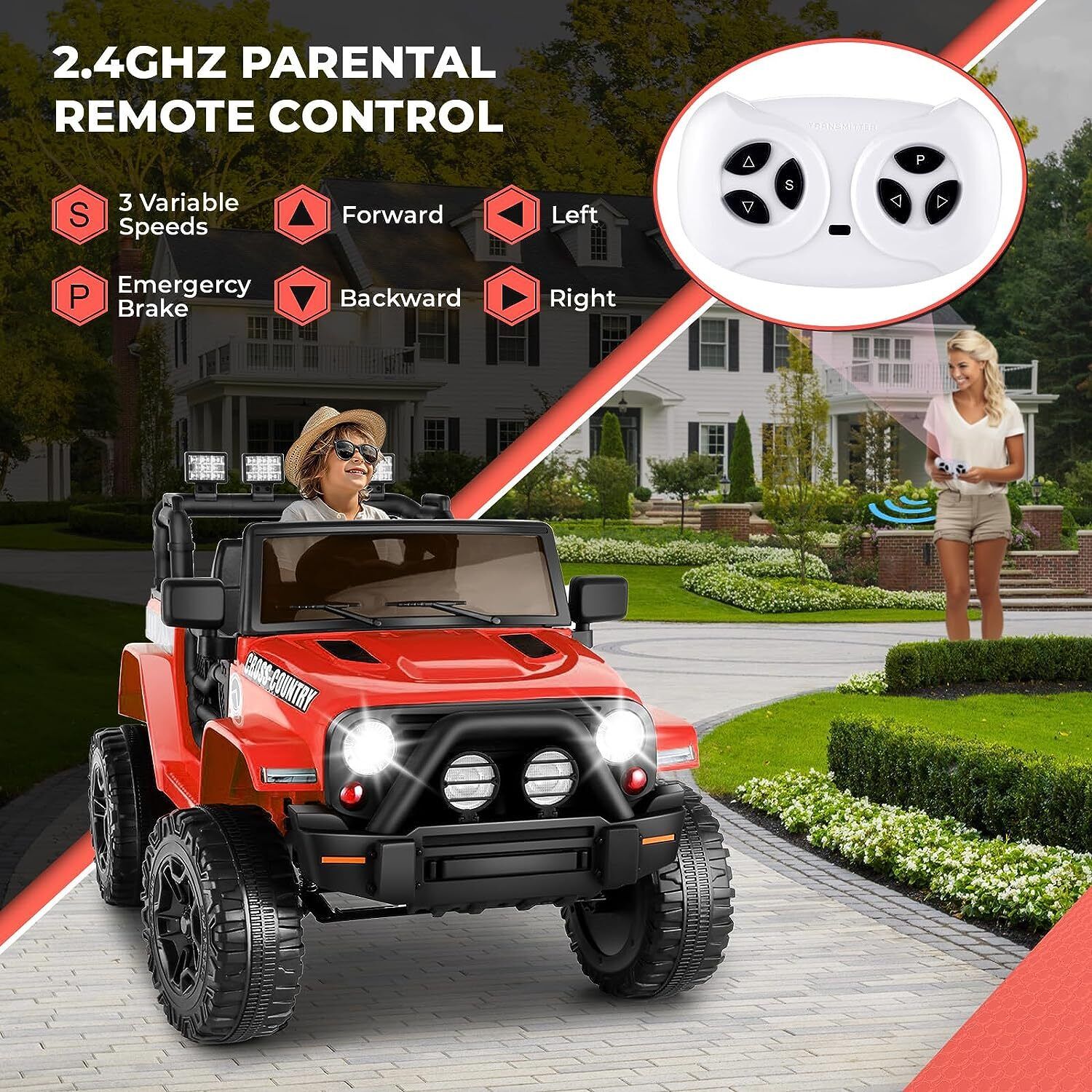 Remote Control Ride-On Car Truck for Kids with Lights, 3 Speeds, USB and MP3 Compatibility