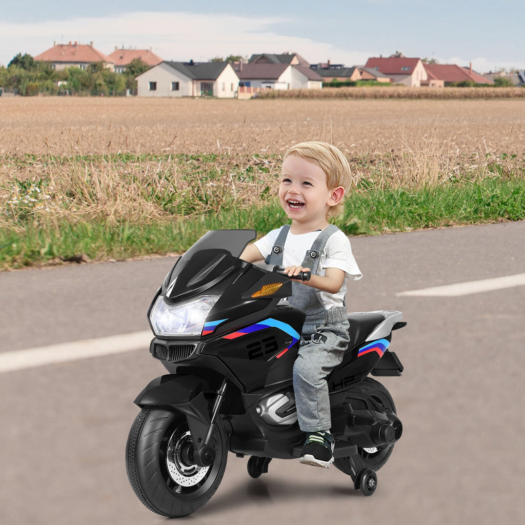 Electric Kids Ride-On Motorcycle with Training Wheels and Lights - Black