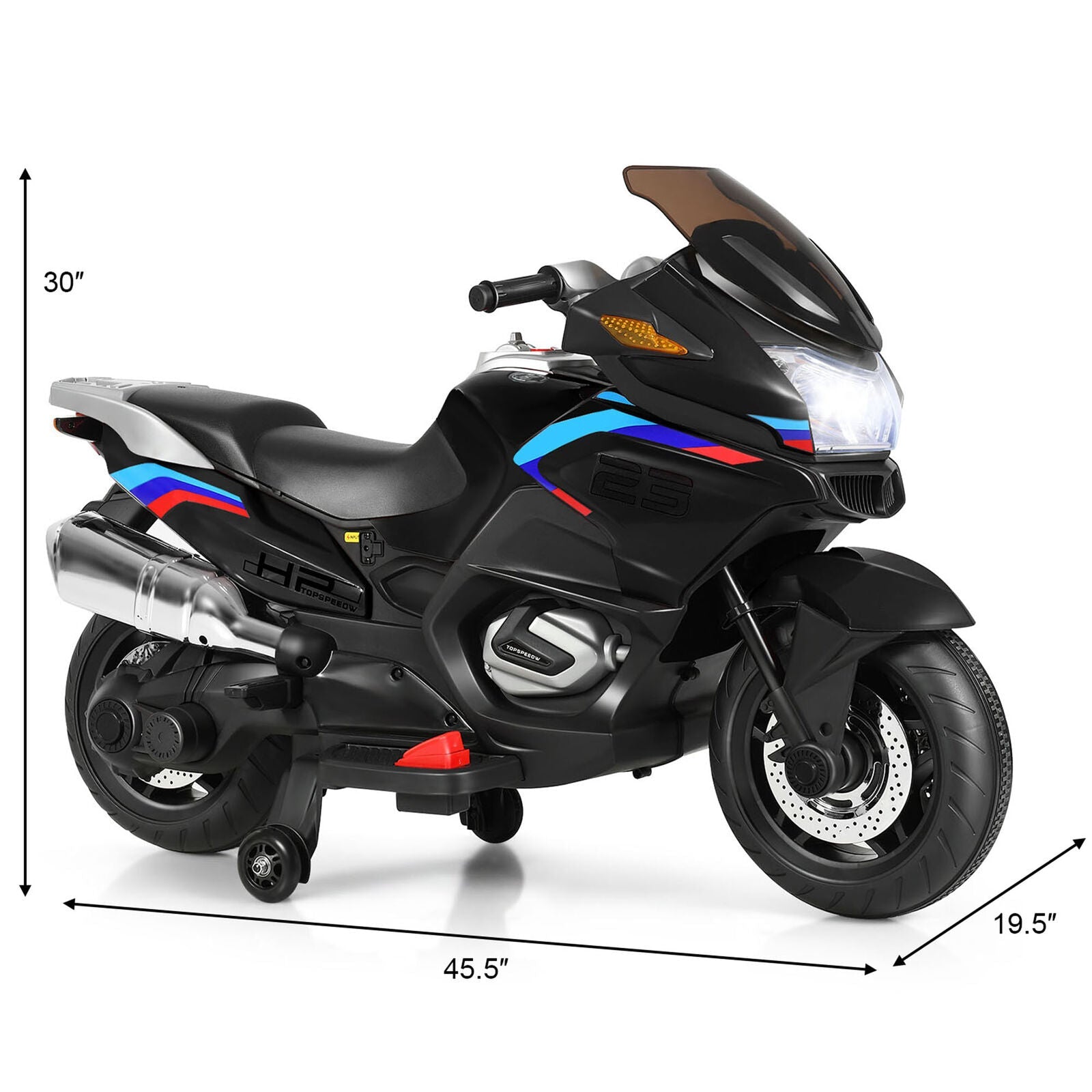 Electric Kids Ride On Motorcycle with Training Wheels - Black (12V)
