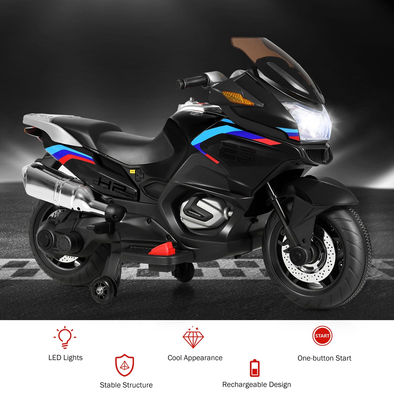 Electric Kids Ride On Motorcycle with Training Wheels - Black (12V)