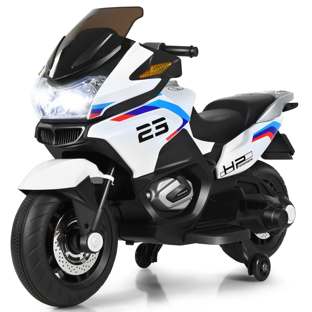 Electric Kids Ride On Motorcycle with Training Wheels - White (12V)