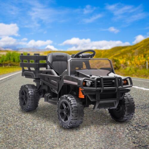 Electric Kids Ride On Tractor with Trailer and LED Lights - 12V Battery Powered in Black
