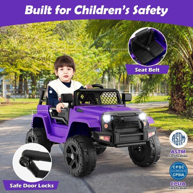 Electric Kids Ride On Truck Car with Remote Control and 3-Speeds - Purple with Headlights