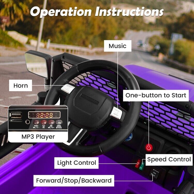 Electric Kids Ride On Truck Car with Remote Control and 3-Speeds - Purple with Headlights